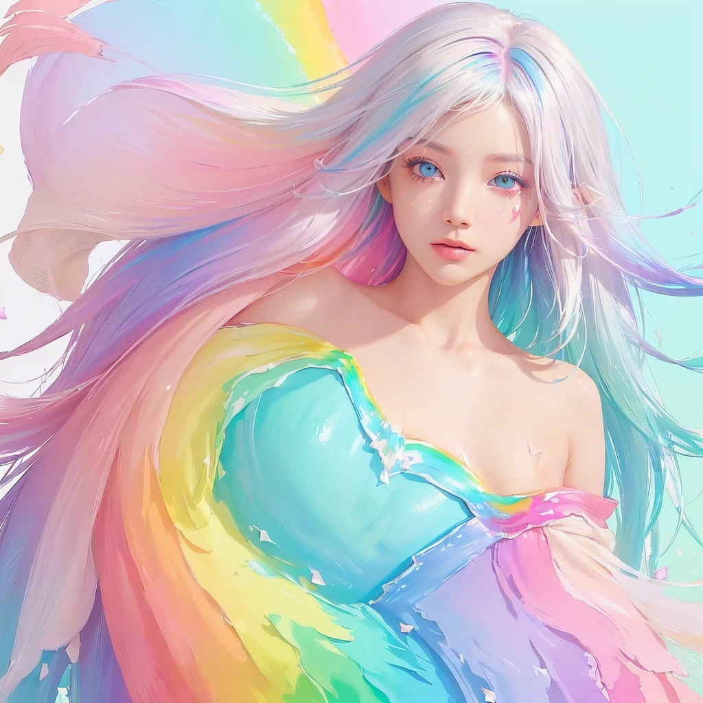 （Pink Fashion T-shirt：1.9），(Colorful hair: 1.8), (all the colours of the rainbow: 1.8),(((((vertical painting：1.6))), （painting：1.6），front, comics, illustrations, paintings, large eyes, crystal clear eyes,（ rainbow color gradient high ponytail：1.7）, exquisite makeup, closed mouth,(Small Fresh: 1.5),(Wipe Chest: 1.6) ，long eyelashes, white off shoulder T-shirt,  White Shoulder Shirt，looking at the audience, large watery eyes, (rainbow colored hair：1.6), color splash, （solo：1.8）, color splash, color explosion, thick paint style, messy lines, ((shining))，(colorful), (colorful), (colorful), colorful, Thick Paint Style, (Splash) (Color Splash), Vertical Painting, Upper Body, Paint Splash, Acrylic Pigment, Gradient, Paint, Highest Image Quality, Highest Quality, Masterpiece, Solo, Depth of Field, Face Paint,  colorful clothes, (Elegant: 1.2), gorgeous,long hair, wind, (Elegant: 1.3), (Petals: 1.4)，(((masterpiece))),(((best quality))),((ultra-detailed)),(illustration),(dynamic angle),((floating)),(paint),((disheveled hair)),(solo),(1girl) , (((detailed anima face))),((beautiful detailed face)),collar,bare shoulders,white hair, ((colorful hair)),((streaked hair)),beautiful detailed eyes,(Gradient color eyes),(((colorful eyes))),(((colorful background))),(((high saturation))),(((surrounded by colorful splashes))),all bodies, same colored back  grounds,sexy, Highly exposed, look directly at the viewer