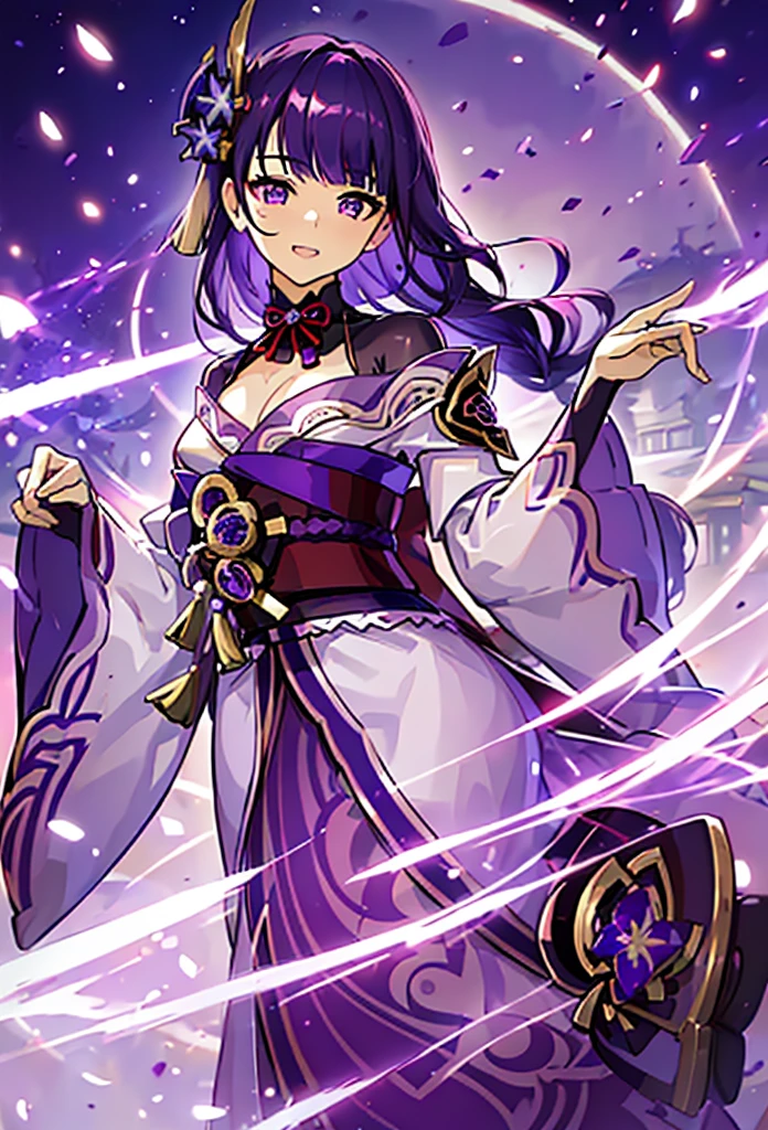 masterpiece, high-quality, 8k resolution, solo, 1 woman, dark violet hair, beauty mark, body suit under kimono, kanzashi, lavender kimono, tomoe decorations, obi, purple eyes, Genshin Impact Raiden Shogun, Ei,