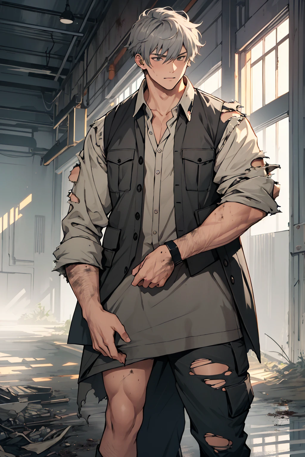 top quality, best quality, highres, unparalleled masterpiece, perfect artwork, paid reward available, indoor ,(1girl, wearing dirty grey torn dress:1.5), (1man, modern military clothes, vest, cargo pants), holding hands, (size difference:1.5), tumblr, sosaku hanga, doujin, ddlc, zerochan,