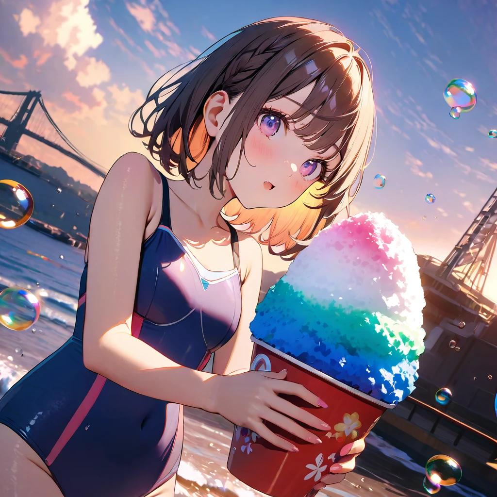 1girl、Eat ice cream、Black Hair、Pigtails、Navy blue school swimsuit、Brown Skin、Red polka dot swim ring、Black underwater goggles、deep faint light 、 detailed CG、high resolution