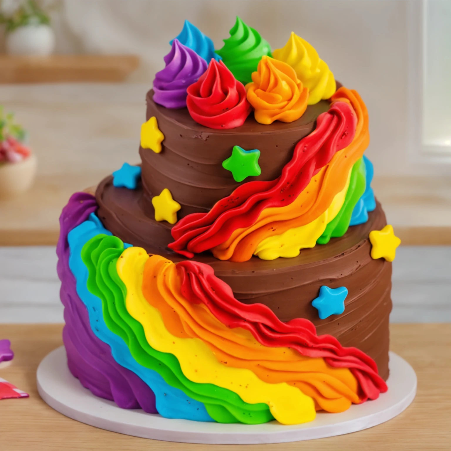 on a wooden table. there is a white plate. two-tier cake, chocolate cream cake, rainbow cream in the form of stitches, decorated with rainbow stars made of polymer clay, multi-colored cream on top, against the background of the kitchen, Beautiful light from the window, contour light, Multiple light sources, beautiful lighting, Bright light source, bright lighting, beautiful light sources, sunlight from the window behind, Realistic style , realistic texture, detailed texture, A high resolution, high quality,