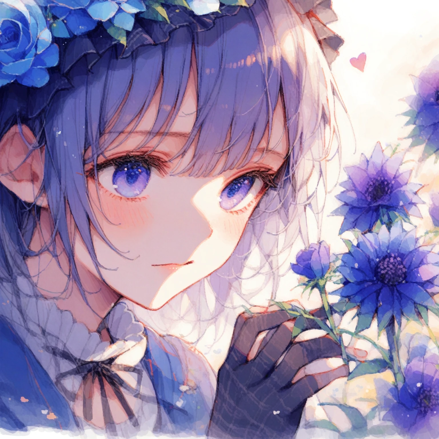 1girl、Blue-purple Echinops ritro、「sharpness」「Broken Hearts」、(tearoist eyes、I squint my eyes as I reach out to touch the flower.、tegaki