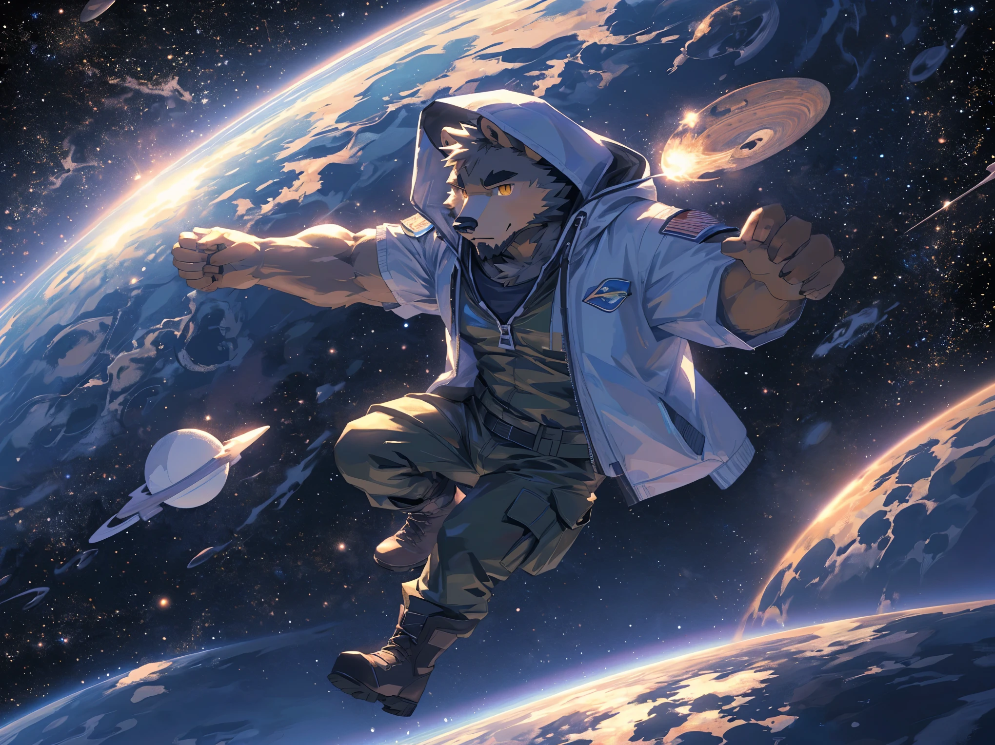 (masterpiece:1.2), best quality,pixiv,official art,perfect anatomy, (Ray tracing, light),solo, (1_male:1.3) , (muscle), (grey fur:1.4), (muscle bear), (beard:1.2), (gleaming golden eyes), bear tail, full body, Thick black eyebrows,(open hooded parka), (cargo pants:1.2), boots , (in the space:1.3) , star , planet , earth , asteroid , (character floating :1.3)
