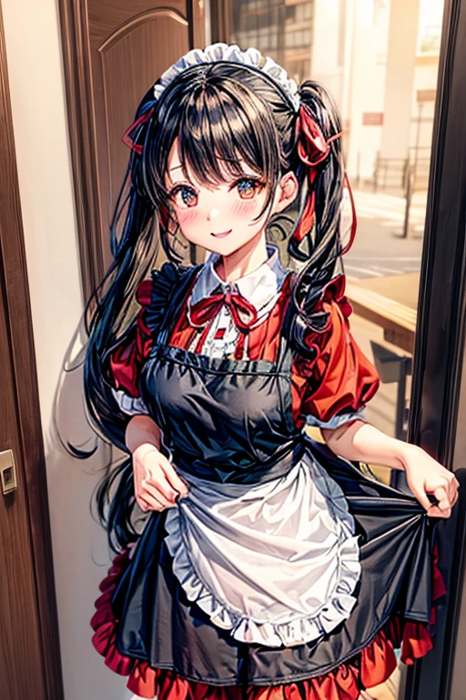 One adult woman,hair_Navy Blue,Twin tails,big tail,Cafe Waitress,apron_red,eye_pink,Lolita Fashion,uniform_red,Long dress_red,ストライプribbon,Frills,ribbon,Laughter,red面,Embarrassed face,Big ,cute,holding a coffee cup