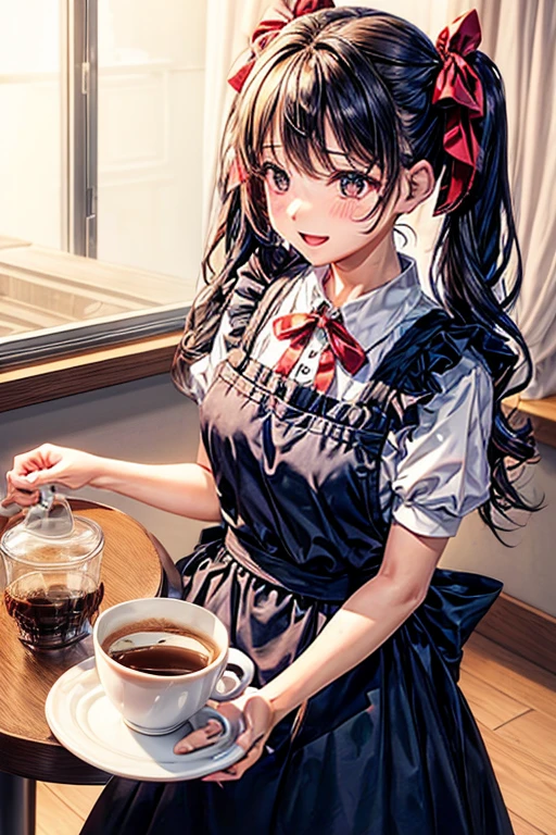 One adult woman,hair_Navy Blue,Twin tails,big tail,Cafe Waitress,apron_red,eye_pink,Lolita Fashion,uniform_red,Long dress_red,ストライプribbon,Frills,ribbon,Laughter,red面,Embarrassed face,Big ,cute,holding a coffee cup