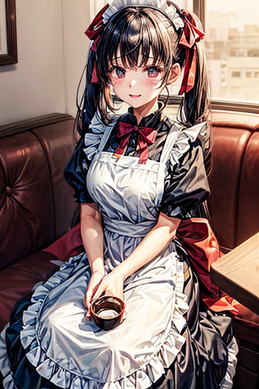 One adult woman,hair_Navy Blue,Twin tails,big tail,Cafe Waitress,apron_red,eye_pink,Lolita Fashion,uniform_red,Long dress_red,ストライプribbon,Frills,ribbon,Laughter,red面,Embarrassed face,Big ,cute,holding a coffee cup