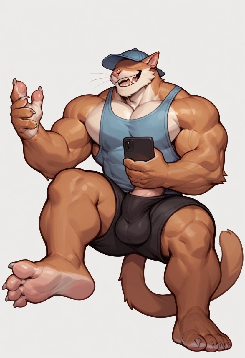 Cat, full body , good looking, male, anthro, shorts, ultradetailed, muscular, Barefoot, plantigrade feet , massive feet , clawed feet ,vains, cock, hard cock, cock erecting all over in the air, rich white cum on his feet, solo, bareness, rippling muscles, muscles, simple background, white background, tail, cap, obscured eyes, smile, sleeveless shirt, two-tone fur, sharp teeth,