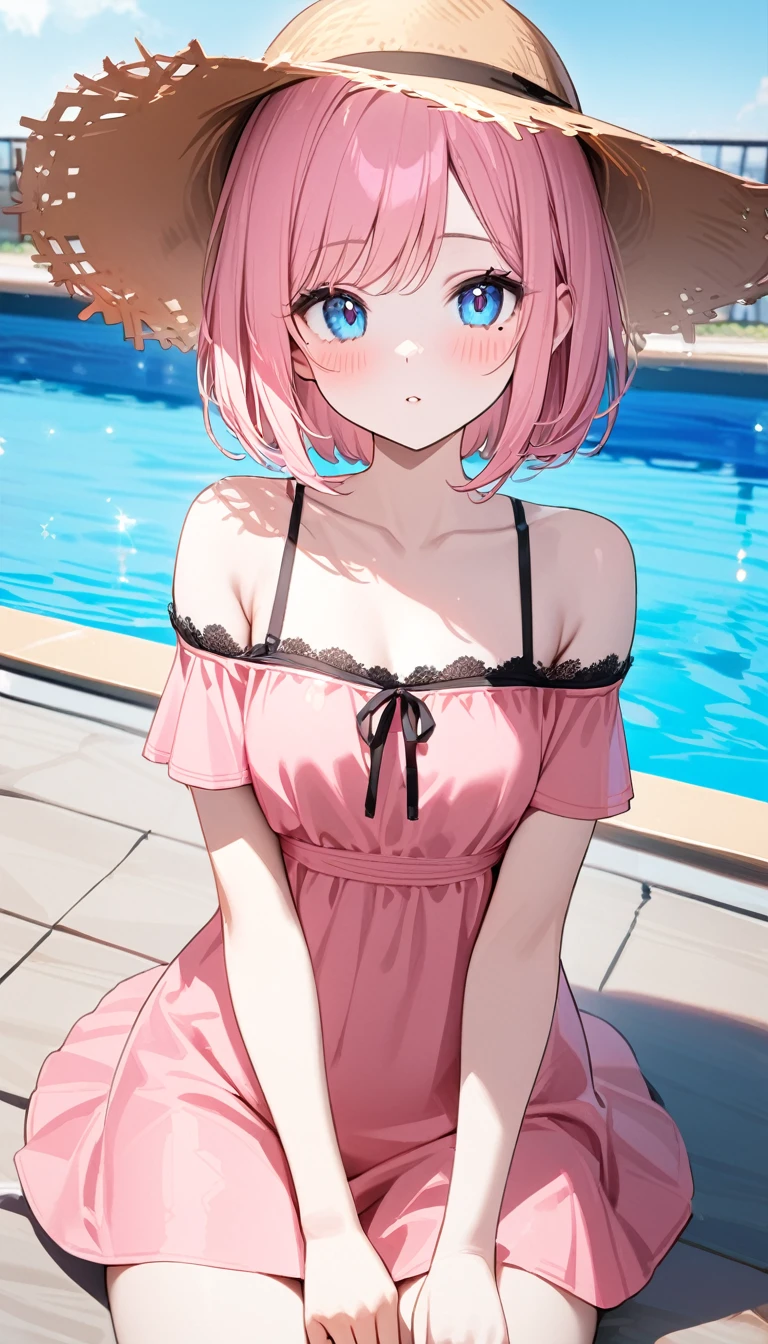 (1 girl),(Best Picture Quality, 8K, Masterpiece:1.3), (high school student:1.5), ((pink lob hair:1.1)), (bob cut),(swept bangs), (cute eyes, pupil black, iris skyblue, youthful face), (mole under right eye), (standard weight), (small breasts), (glistening skin:1.1),(pale skin:1.2), (poolside), ((off shoulder lace up pink dress)),(wet:1.1),((oil painting)).