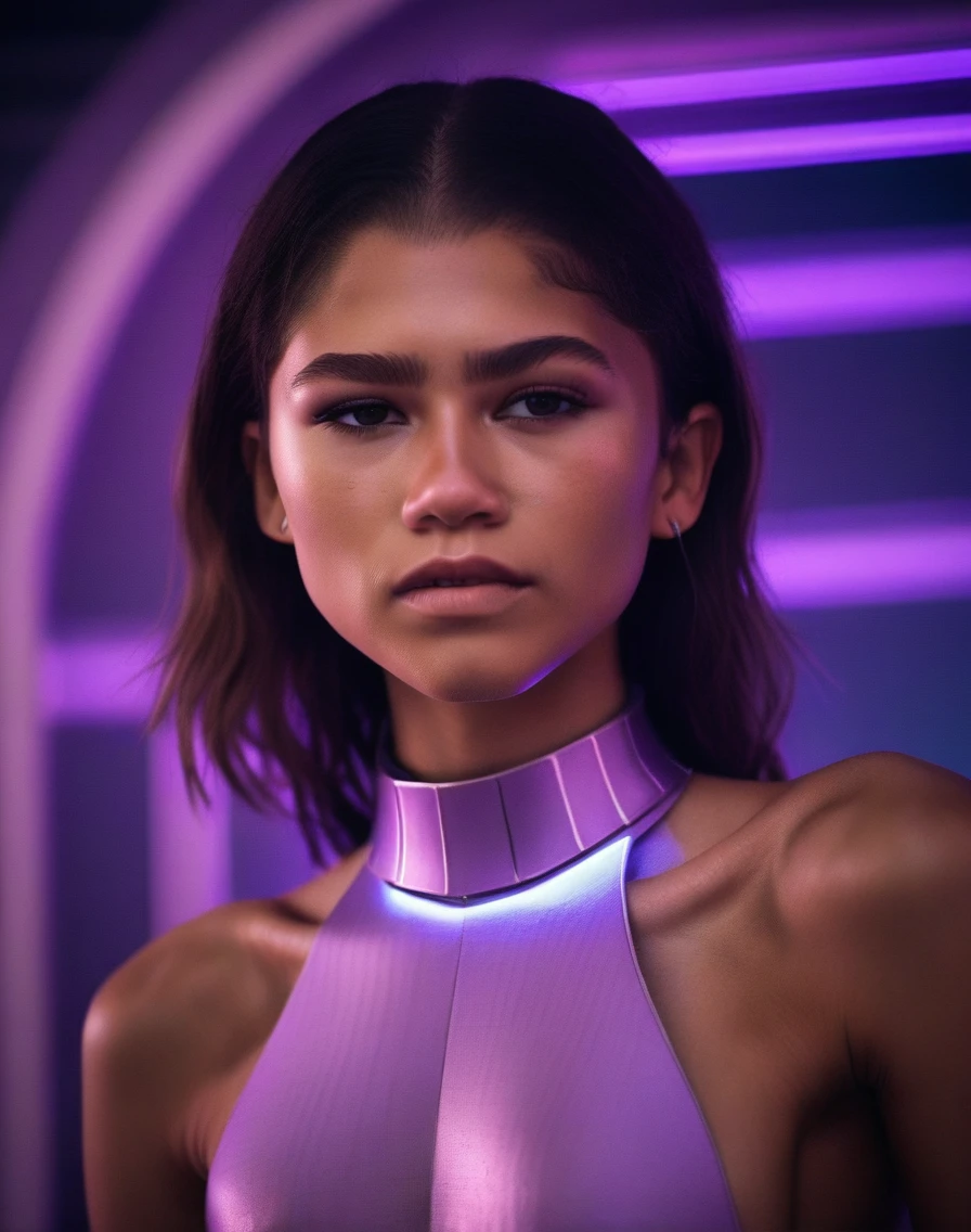 ZendayaMaree, portrait,close up of a Abominable Girl, wearing nothing, Collar, from inside of a Astronomical observatory, Ethereal Lighting, Neutral and Lavender neon hue,  