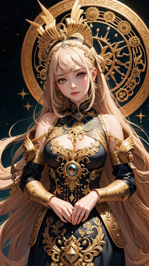 (masterpiece, top quality, best quality, official art, beautiful and aesthetic:1.2), (1girl), extreme detailed,colorful,highest detailed, official art, unity 8k wallpaper, ultra detailed, beautiful and aesthetic, beautiful, masterpiece, best quality, (zentangle, mandala, tangle, entangle) ,holy light,gold foil,gold leaf art,glitter drawing, PerfectNwsjMajic、Aries Goddess