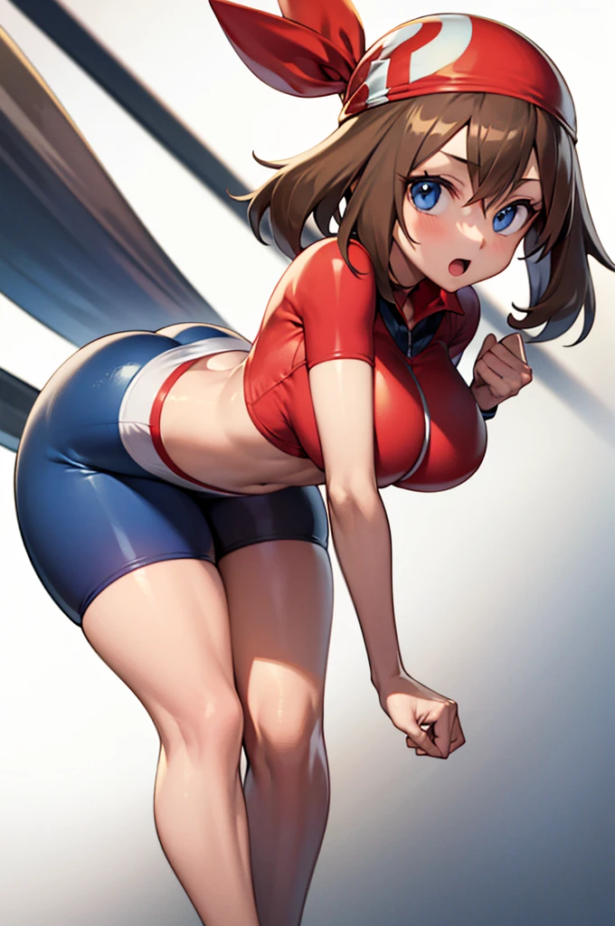 ((masterpiece, best quality)), absurdres,   zzMay, perfect, solo, brown hair, blue eyes,  red shirt, short sleeves, white skirt, 1girl, :o, bandana, bike shorts, blue eyes, brown hair, leaning forward, looking at viewer, large breasts, wide hips, simple background, skin tight, solo, standing, thick thighs, thighs, white background, smile,    