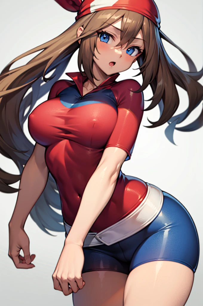 ((masterpiece, best quality)), absurdres,   zzMay, perfect, solo, brown hair, blue eyes,  red shirt, short sleeves, white skirt, 1girl, :o, bandana, bike shorts, blue eyes, brown hair, leaning forward, looking at viewer, large breasts, wide hips, simple background, skin tight, solo, standing, thick thighs, thighs, white background, smile,    