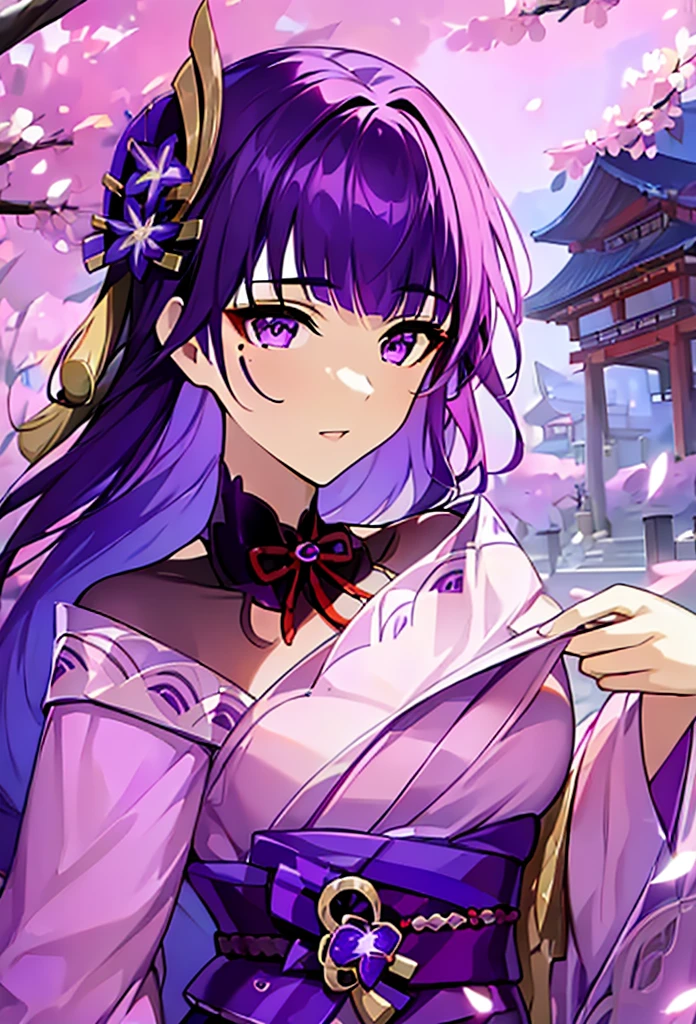 masterpiece, high-quality, 8k resolution, solo, 1 woman, dark violet hair, beauty mark, body suit under kimono, kanzashi, lavender kimono, tomoe decorations, obi, purple eyes, Genshin Impact Raiden Shogun, Ei,