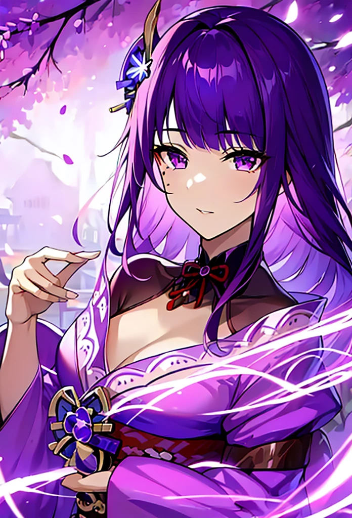 masterpiece, high-quality, 8k resolution, solo, 1 woman, dark violet hair, beauty mark, body suit under kimono, kanzashi, lavender kimono, tomoe decorations, obi, purple eyes, Genshin Impact Raiden Shogun, Ei,