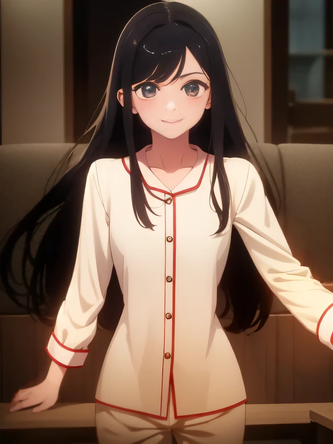 Clothed prompt (1girl:1.3), masterpiece, best quality, amazing beauty, 4K, absurd, detailed, super detailed eyes, perfect anatomy, official art, cinematic lighting,, silky medium long hair, silky straight hair, black hair, super shiny detailed black eyes, looking at me, smiling, pink pajamas