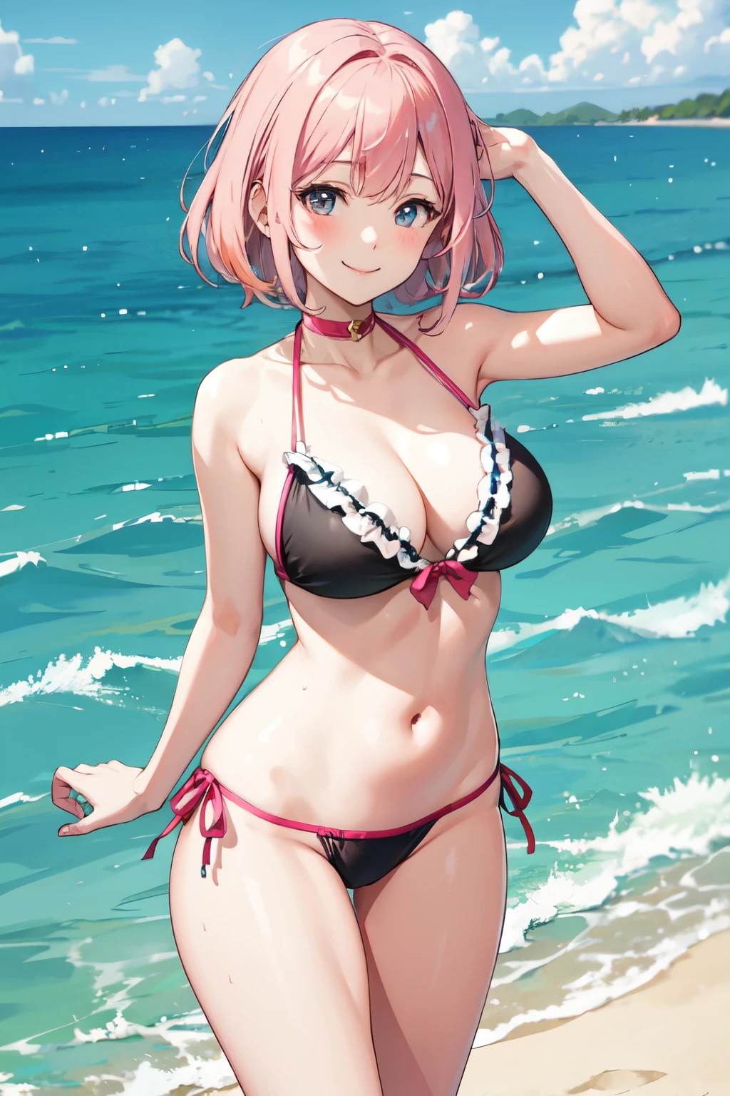 high school girl，Lewd，Swimwear，Pink Hair，smile