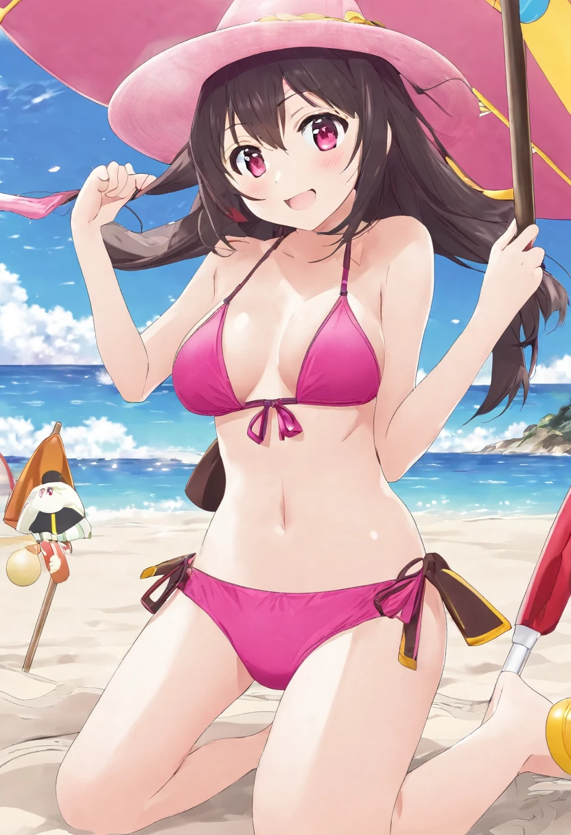 Megumin wearing cute pink bikini and playing in beach