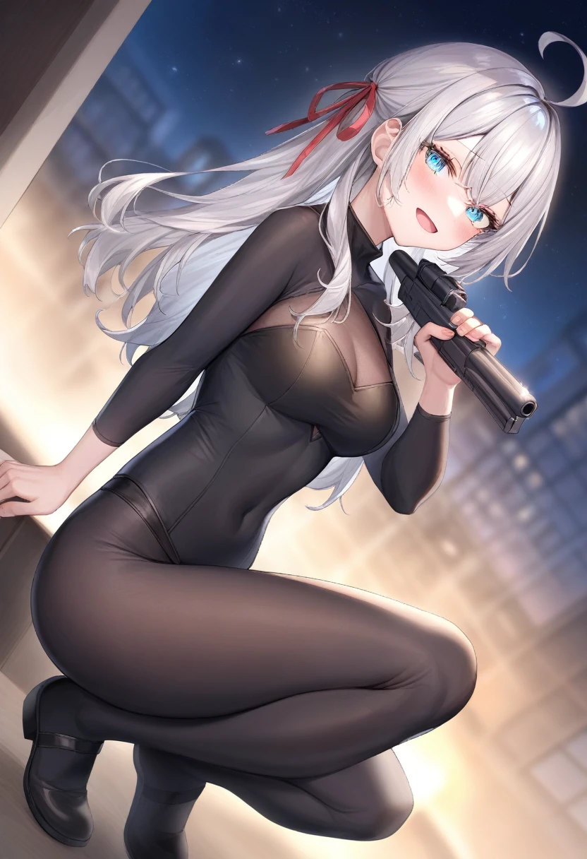 One girl, Alisa Mikhailovna Kujo,Tomorrow, my friend, Arya-san, will be visiting Russia.,alone, Long Hair, Eyebrows visible through hair, Hair between the eyes, Silver Hair, Hair Ribbon, blue eyes, Medium chest, ,Full body black bodysuit,spy、See a viewer holding a gun, Upper Body, Dutch Angle,Mouth closed, Close one eye, A light smile,
Highest quality, so beautiful, Absurd,at night
