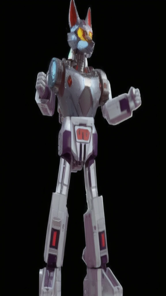 "A Disney-Pixar inspired giant robot with a retro, chrome finish, red accents, and design elements reminiscent of a fox deity. The robot has a gentle and kind face, while its body is strong and powerful. The scene captures the entire body of the robot, highlighting its metallic texture and fox-like features."