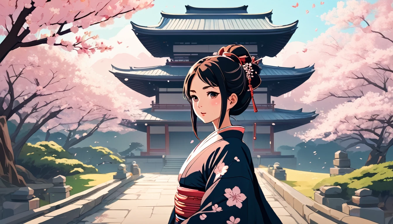 Female samurai,Background is cherry blossoms and a Japanese temple、 Wide-angle lens, Lofi Anime, Lofi illustration, Aesthetic atmosphere, Lo-Fi Style, Vector art, Flat Design, Simple shape, Warm tones, Pleasant atmosphere, Chill, In anime style, Digital drawing, Vector art, Vector logo for t-shirt printing, (Adorable:1.5), (small:1.4), (Playful:1.2), (soft:1.3), (Whimsical:1.1), masterpiece, Highest quality, 8K, Intricate details, grow, Celestial, Mysterious, Picturesque, amazing, Majestic, Magic, Fantasy art, Cover art, dream-like