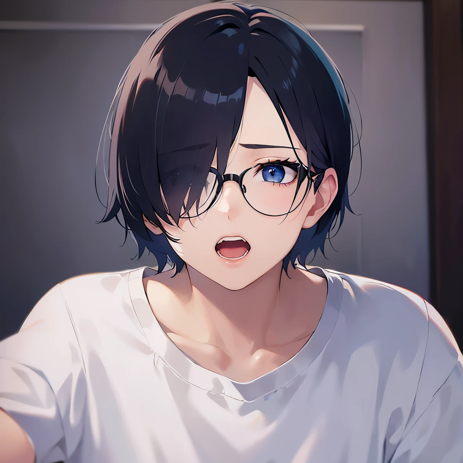 Shooting from below、plastic frame eyewear、upper body、shiny skin, masterpiece、Highest quality、(25-year-old male:1.5) and (Black short hair) and (blue eyes), Hair over one eye, (White T-shirt)、surprised, open mouth, The background is the living room、(Alone:1.5)、Are standing、(night:1.5)