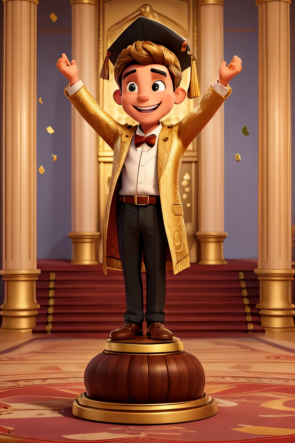 Create an image of a male graduate standing triumphantly on a luxurious golden podium, celebrating his academic achievement. The graduate should be depicted with his arms raised high in the air, holding his diploma in one hand. He is dressed in a traditional graduation cap and gown, with a broad, joyous smile on his face. The golden podium should be ornately decorated, with intricate patterns and a polished, reflective surface that adds to the grandeur of the scene. The background should feature a festive atmosphere, possibly including confetti and balloons, emphasizing the celebratory mood. The overall setting should convey a sense of pride, accomplishment, and elegance, capturing the significance of this milestone moment.