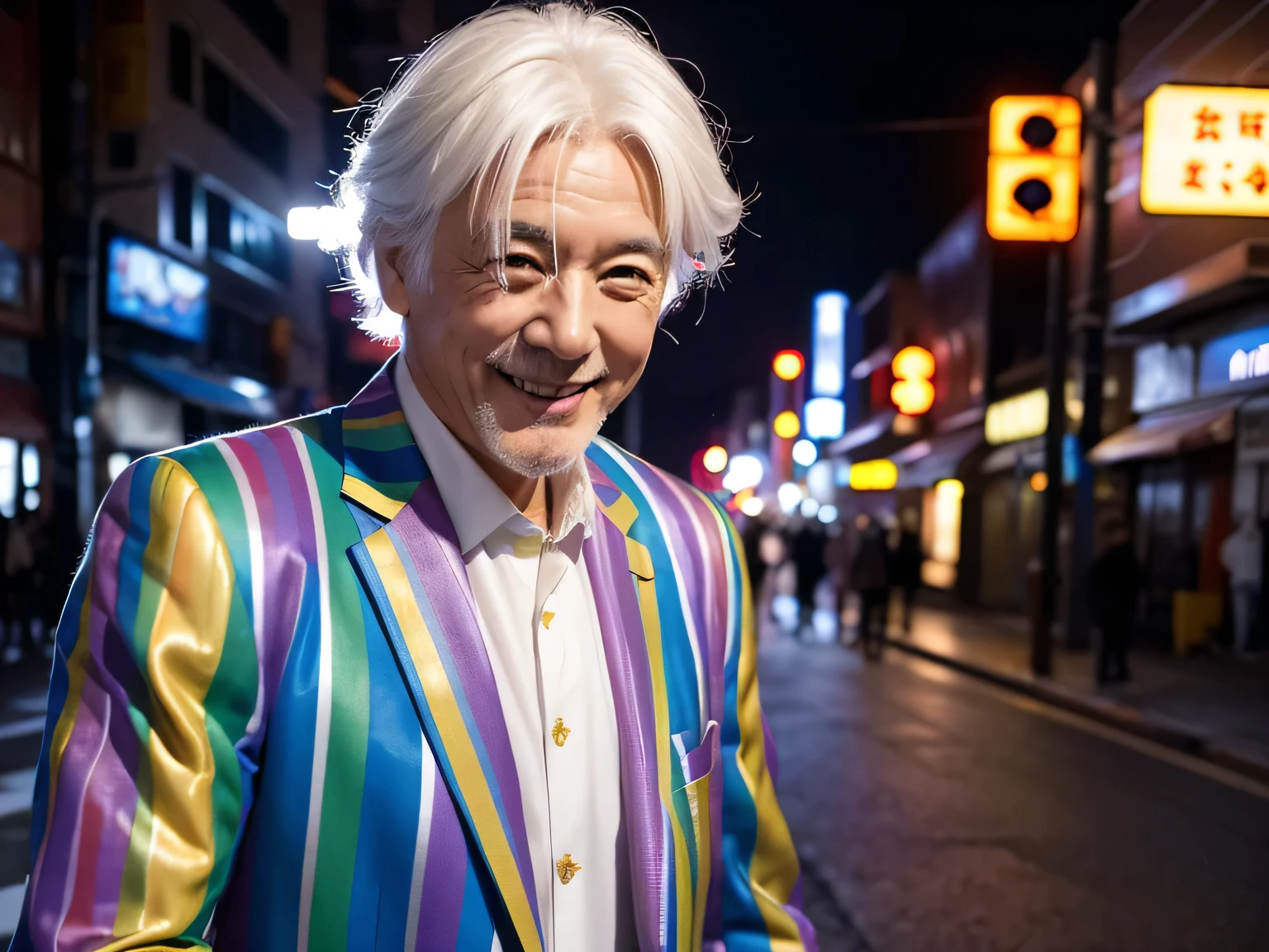 Rainbow-colored suit, flashy, Japanese, senior, male, white hair,
smile, street, night, dramatic