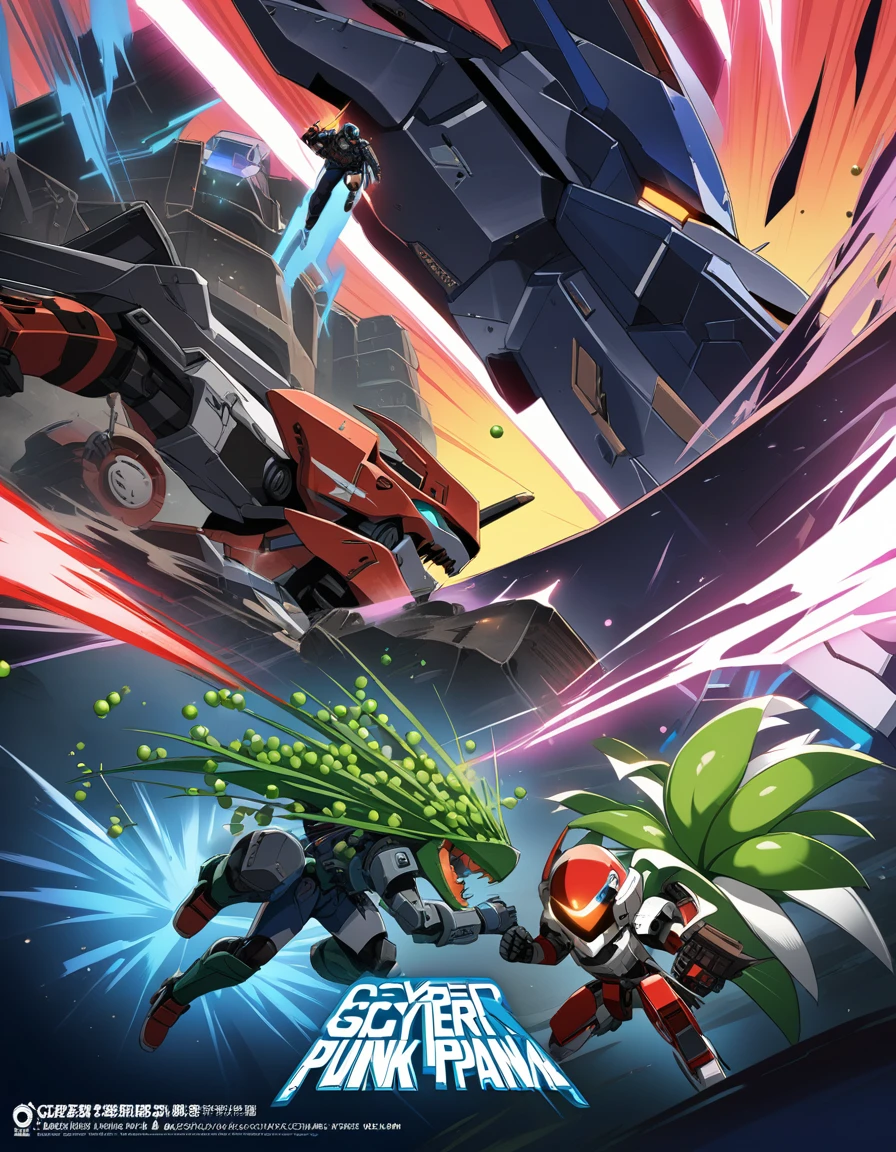 Giant Piranha Plant with Eyes，Battle Mech Warriors，There is blood in the mouth of the Piranha Plant，Poster Visual，植物大战僵尸里的Large-mouthed flower，Pea shooter是主角，Pea shooter，Large-mouthed flower，Cartoon Character, Battle with mecha monsters，, 在fighting，，Fight，sideways，In the War，Character art相反游戏角色, high tech，In the future world，fighting，Magic Attacks，Exciting showdown，game character art, Character art, Qataghting，Poster Art，World，fighting中，Game Petx，Cyber，Punk background，Sci-fi style，comics，Pea shooter大战，Plant Warfare，Large-mouthed flower，Magic duel