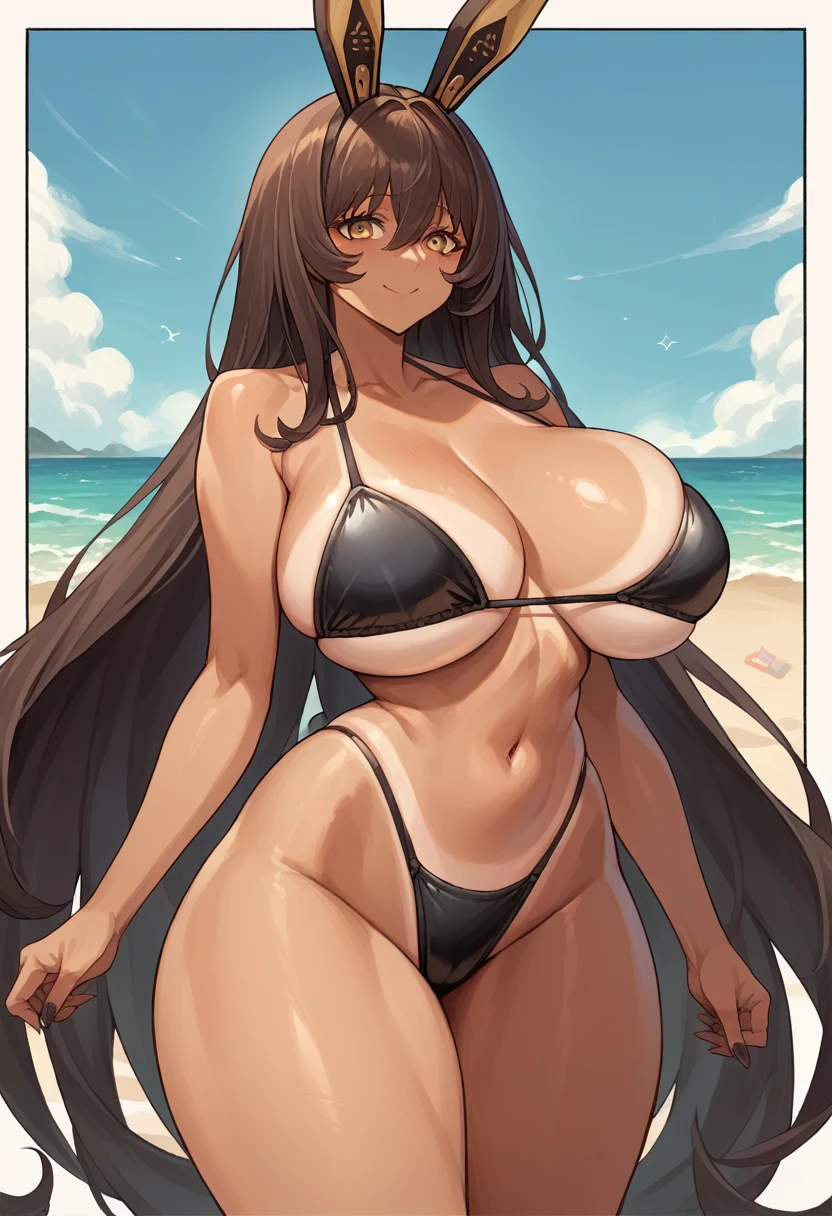 score_9, score_8_up, score_7_up, beach background, source_anime, (1girl, solo, solo focus), noir, huge breasts, wide hips, narrow waist, thick thighs, very long hair, tan, light smile, rabbit ears, bikini, detailed background