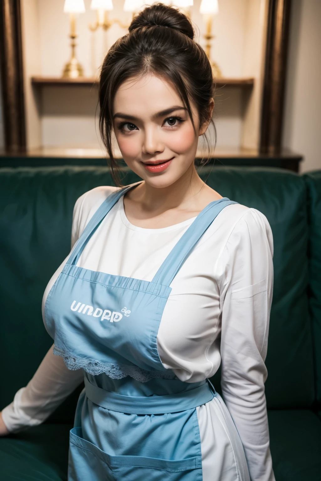 adorable, 1 girl, (face to face), , baby face, hium portrait, (face details: 1), (eye details:1), ((big breasts)). wearing transparent transparency mini apron, .. Cute posed. proportional body. Ultra High Res. realistic: 1.4, UHD, poke a bun Hairstyle , lace 