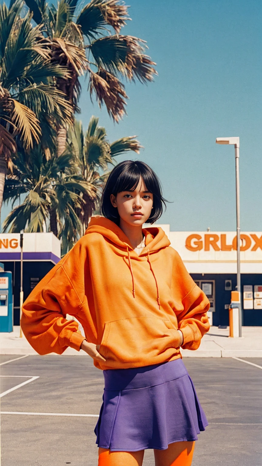 portrait of a 23 yo girl ,wear (((color orange oversized hoodie))), wear ((purple tennis skirt)),looking front,Best Quality,Masterpiece,Ultra High Resolution,(Realisticity:1.4),Original Photo, 1Girl, light leak,ultra high resolution,UHD,beautiful, (black bob hair), almond eye, no makeup, in front of ((80's gas station)), (realistic:1.2), (surreal:1.3), (very detailed:1.1), ((masterpiece)),summer, blue sky, palm trees,sunny, los angles vibes,film camera, 800mm lens,style of Philip Lorca diCorcia