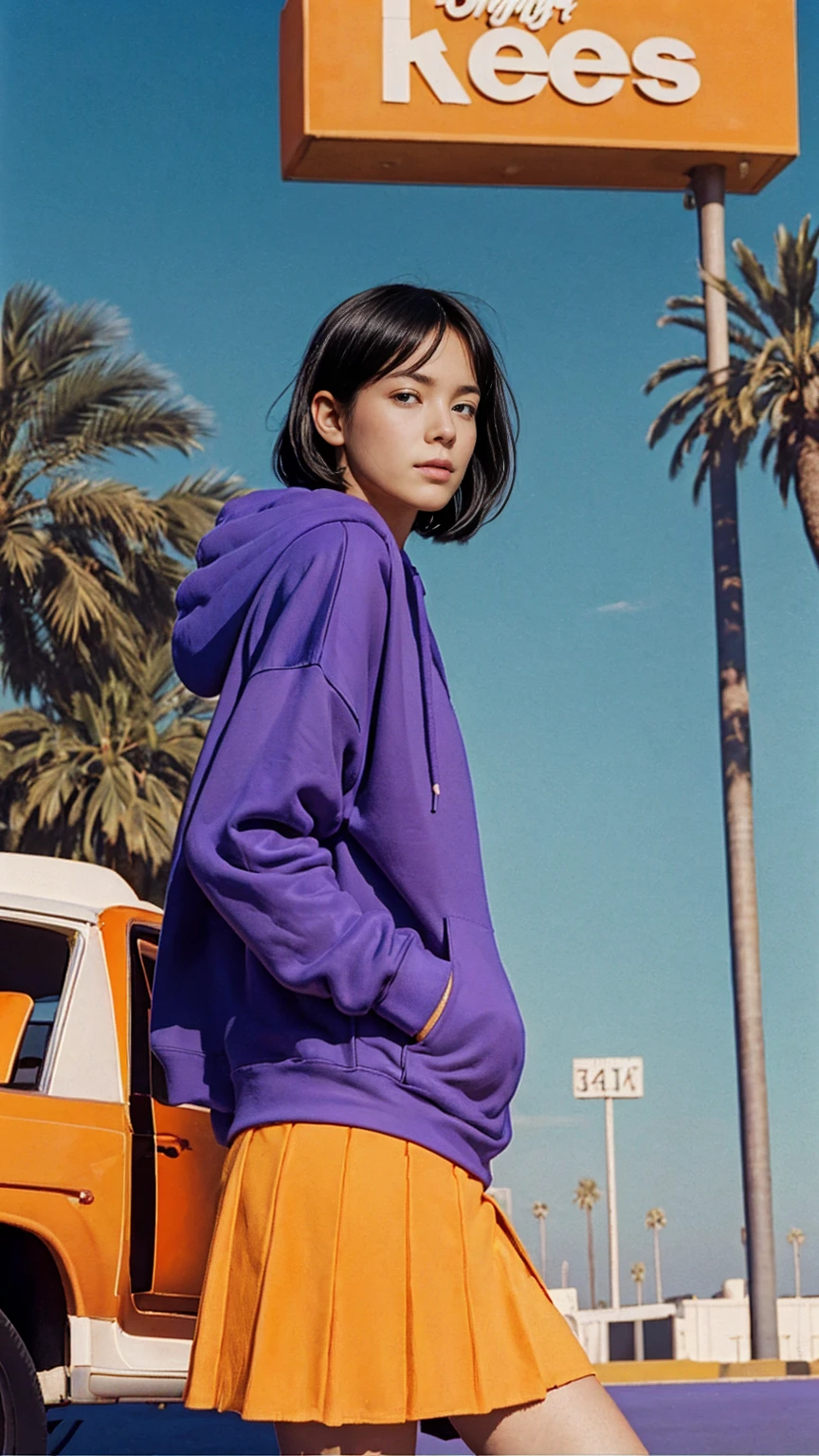 portrait of a 23 yo girl ,wear (((color orange oversized hoodie))), wear ((purple tennis skirt)),looking front,Best Quality,Masterpiece,Ultra High Resolution,(Realisticity:1.4),Original Photo, 1Girl, light leak,ultra high resolution,UHD,beautiful, (black bob hair), almond eye, no makeup, in front of ((80's gas station)), (realistic:1.2), (surreal:1.3), (very detailed:1.1), ((masterpiece)),summer, blue sky, palm trees,sunny, los angles vibes,film camera, 800mm lens,style of Philip Lorca diCorcia