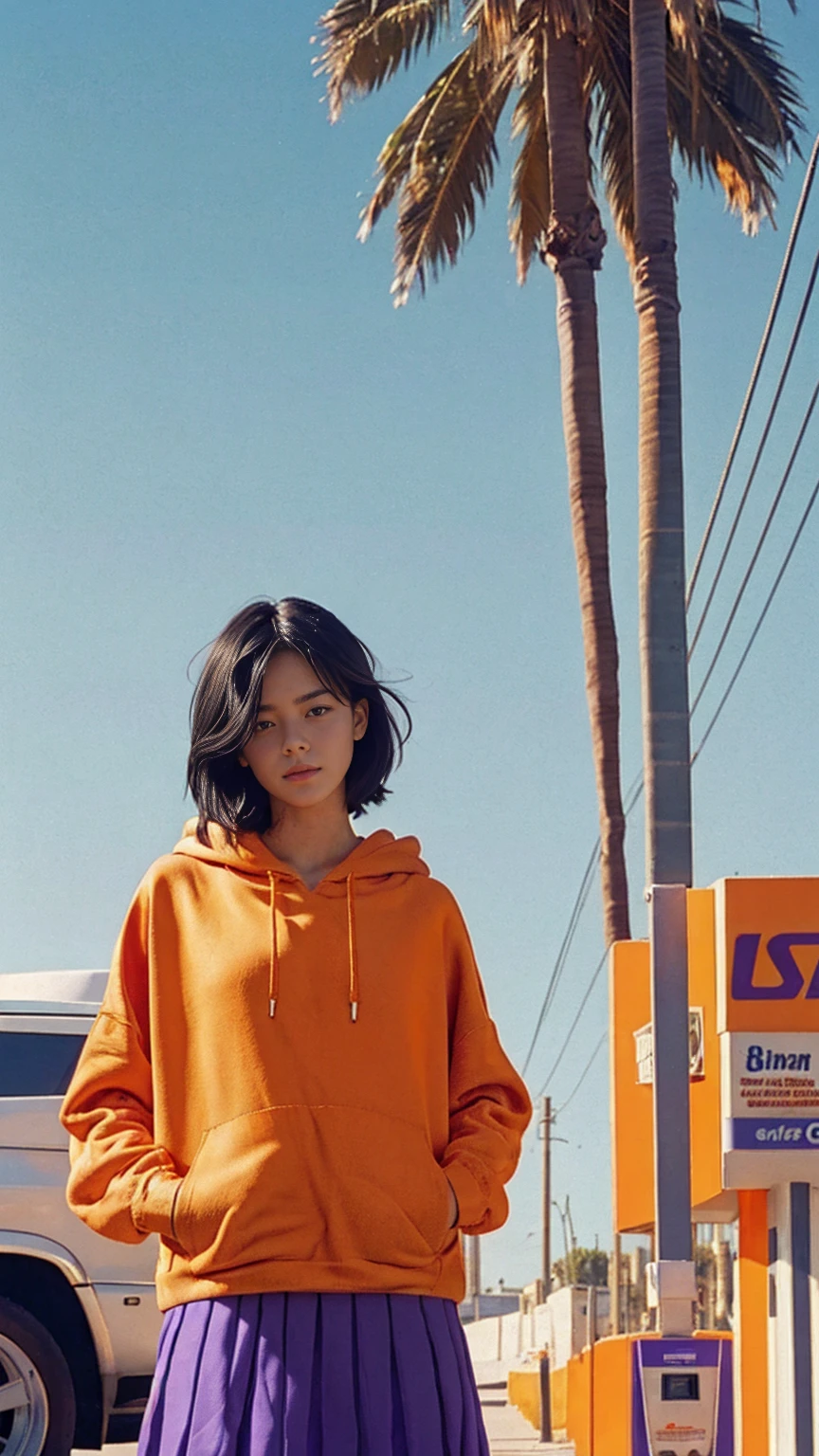 portrait of a 23 yo girl ,wear (((color orange oversized hoodie))), wear ((purple tennis skirt)),looking front,Best Quality,Masterpiece,Ultra High Resolution,(Realisticity:1.4),Original Photo, 1Girl, light ????,ultra high resolution,UHD,beautiful, (black bob hair), almond eye, no makeup, in front of ((80's gas station)), (realistic:1.2), (surreal:1.3), (very detailed:1.1), ((masterpiece)),summer, blue sky, palm trees,sunny, los angles vibes,film camera, 800mm lens,style of Philip Lorca diCorcia