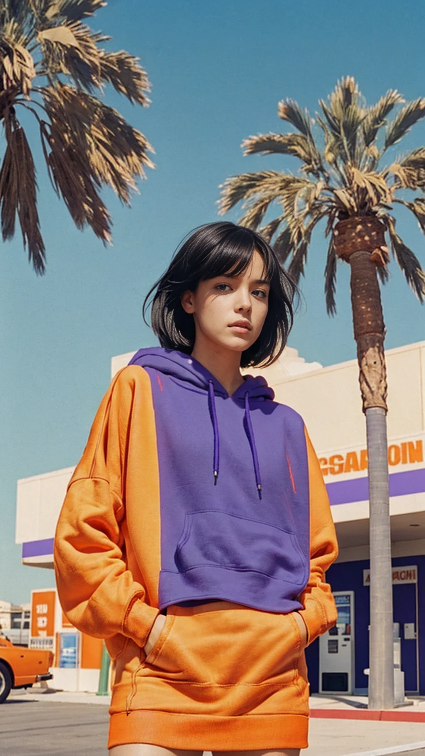 portrait of a 23 yo girl ,wear (((color orange oversized hoodie))), wear ((purple tennis skirt)),looking front,Best Quality,Masterpiece,Ultra High Resolution,(Realisticity:1.4),Original Photo, 1Girl, light leak,ultra high resolution,UHD,beautiful, (black bob hair), almond eye, no makeup, in front of ((80's gas station)), (realistic:1.2), (surreal:1.3), (very detailed:1.1), ((masterpiece)),summer, blue sky, palm trees,sunny, los angles vibes,film camera, 800mm lens,style of Philip Lorca diCorcia