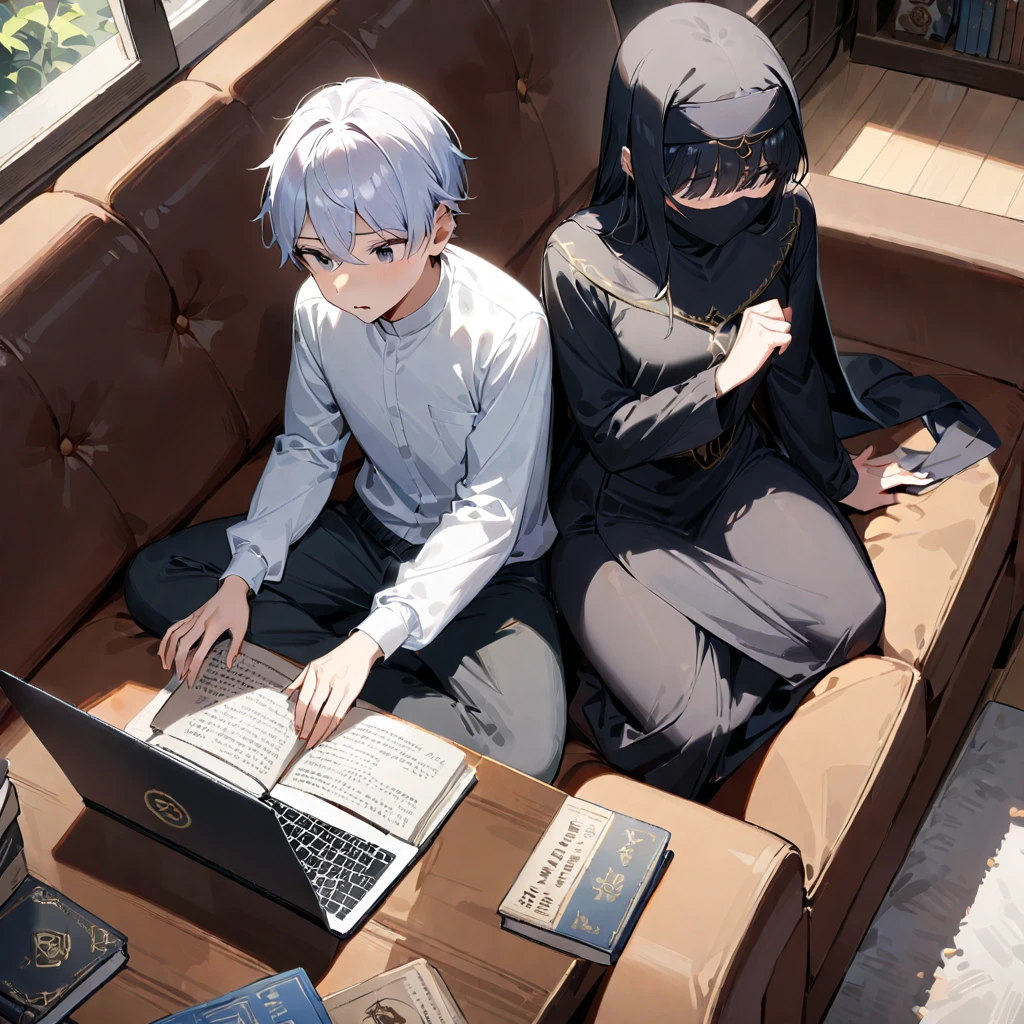 1boy ,1girl in a beautiful room, girl in niqab and boy in white jubba , both sitting on a couch , boy working in laptop books around them , masterpiece, best quality, very aesthetic, ((medium quality)), ((medium quality))