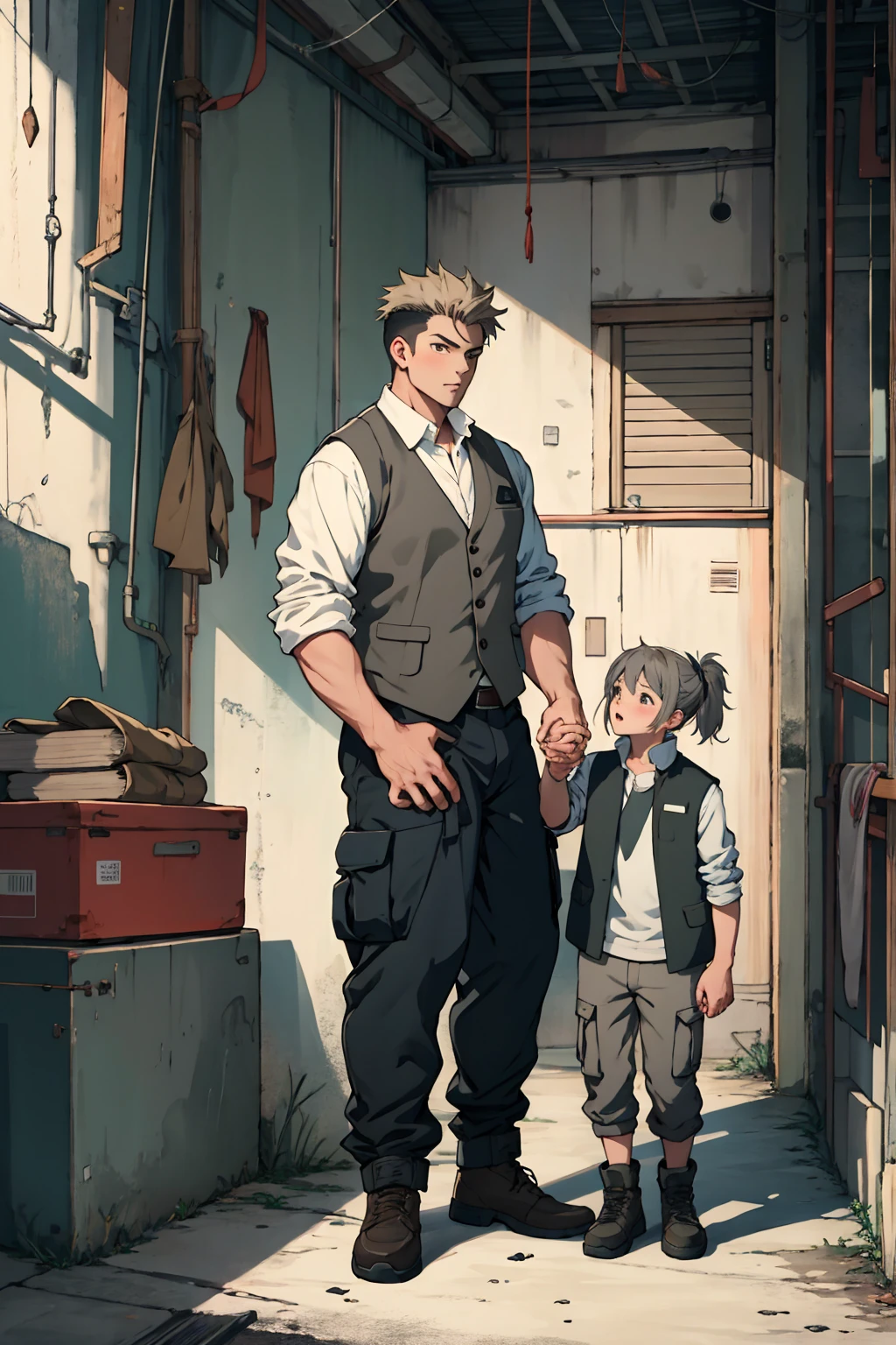 2others, 1girl, 1man, (1girl, wearing dirty grey torn dress), BREAK (1man, modern military clothes, vest, cargo pants), holding hands, (size difference:1.5), tumblr, sosaku hanga, doujin, ddlc, zerochan, top quality, best quality, highres, unparalleled masterpiece, perfect artwork, paid reward available, indoor