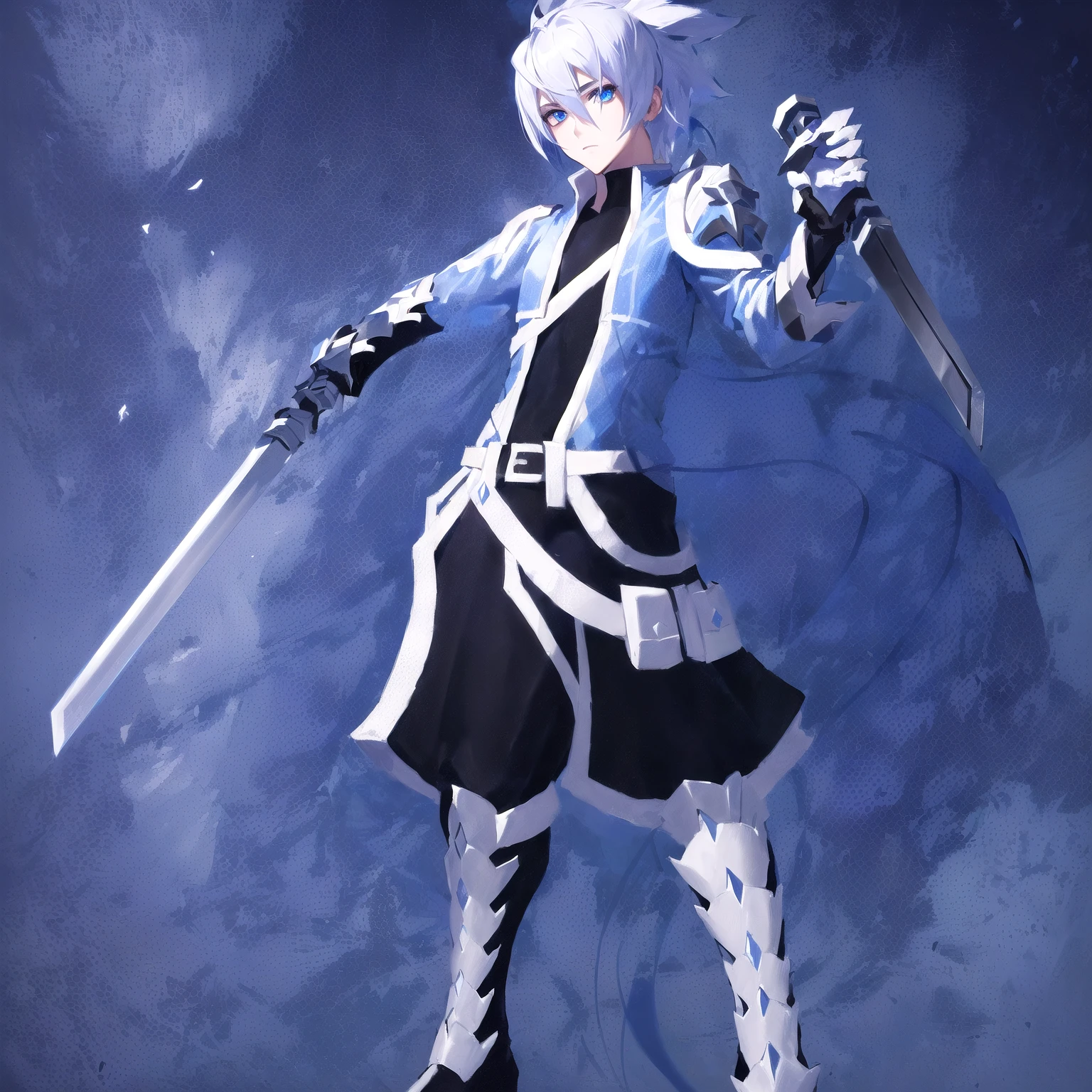 sketches of a drawing of a androgynous young boy with 2 swords, Kilua from hunter x hunter, an anime drawing, detailed fanart, hero 2d fanart artsation, ( ( character concept art ) ), anime drawing, game art!!, with out shading, anime shading), dramatic wielding sword pose, anime shading, white hair, glowing blue eyes, pale skin, black and blue clothing, metallic accents, full body, long ponytail