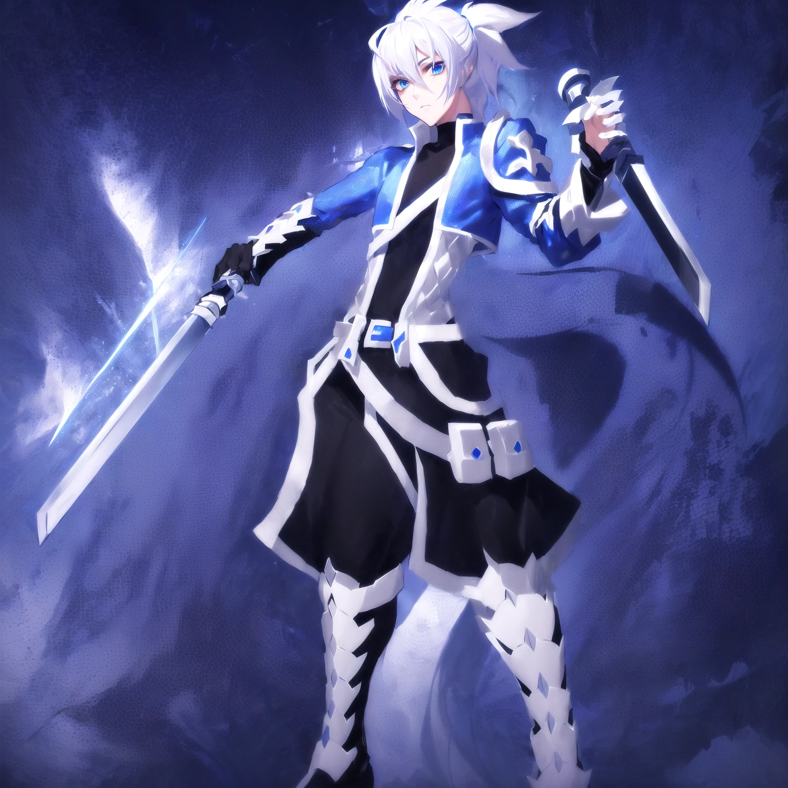 sketches of a drawing of a androgynous young boy with 2 swords, Kilua from hunter x hunter, an anime drawing, detailed fanart, hero 2d fanart artsation, ( ( character concept art ) ), anime drawing, game art!!, with out shading, anime shading), dramatic wielding sword pose, anime shading, white hair, glowing blue eyes, pale skin, black and blue clothing, metallic accents, full body, long ponytail