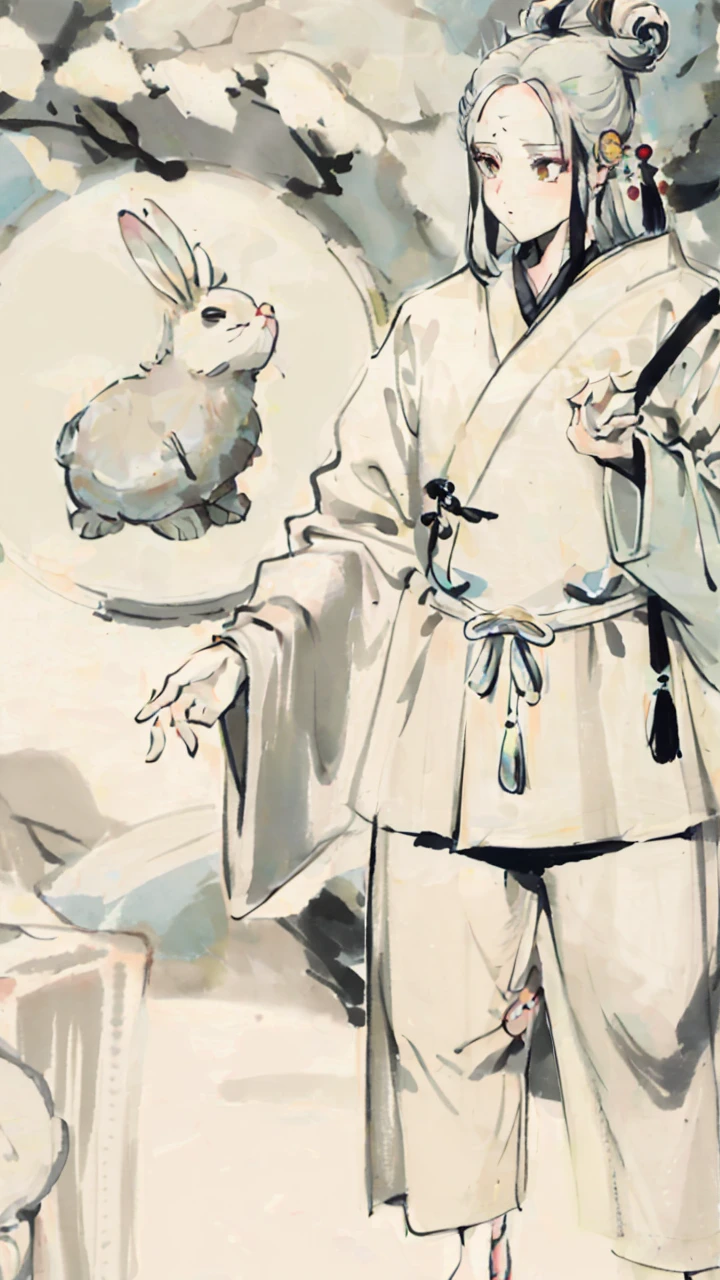 ((4K, masterpiece, best quality)), ink painting, traditional Chinese ink painting, lotus, han dress, maxi kit, modest outfit single girl, solo, gray hair, long hair, fox ears, Caucasian, Bikini, Fish, lots of fish nearby, Look at the beholder, Tease