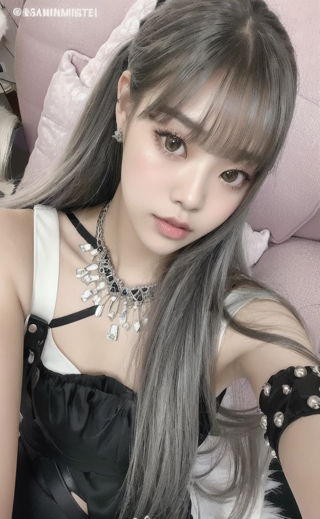 there is a woman with long hair wearing a black dress, lalisa manobal, lalisa manoban of blackpink, tzuyu from twice, portrait of jossi of blackpink, long white hair and bangs, shikamimi, the hime cut, sakimichan, ulzzang, with bangs, 8k selfie photograph, silver hair (ponytail), babymonster rami, ramibabymonster, kpop babymonster