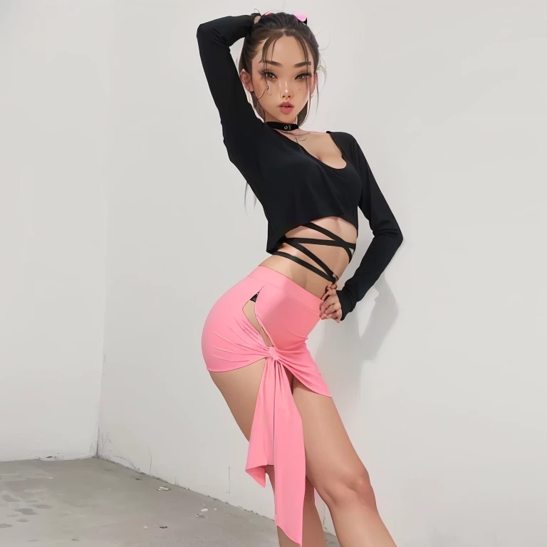 a in a black top and rosa Skirt posing for a picture, pink neon, pink leotard, Skirt, attractive style, rosa Skirt, rosa tight mini-Skirt, rosa mini-Skirt, hot rosa and black, rosa and black, rosa, very Sexy outfit, wearing a sexy crop top, with a thin waist, Sexy outfit, pink neon and black color scheme