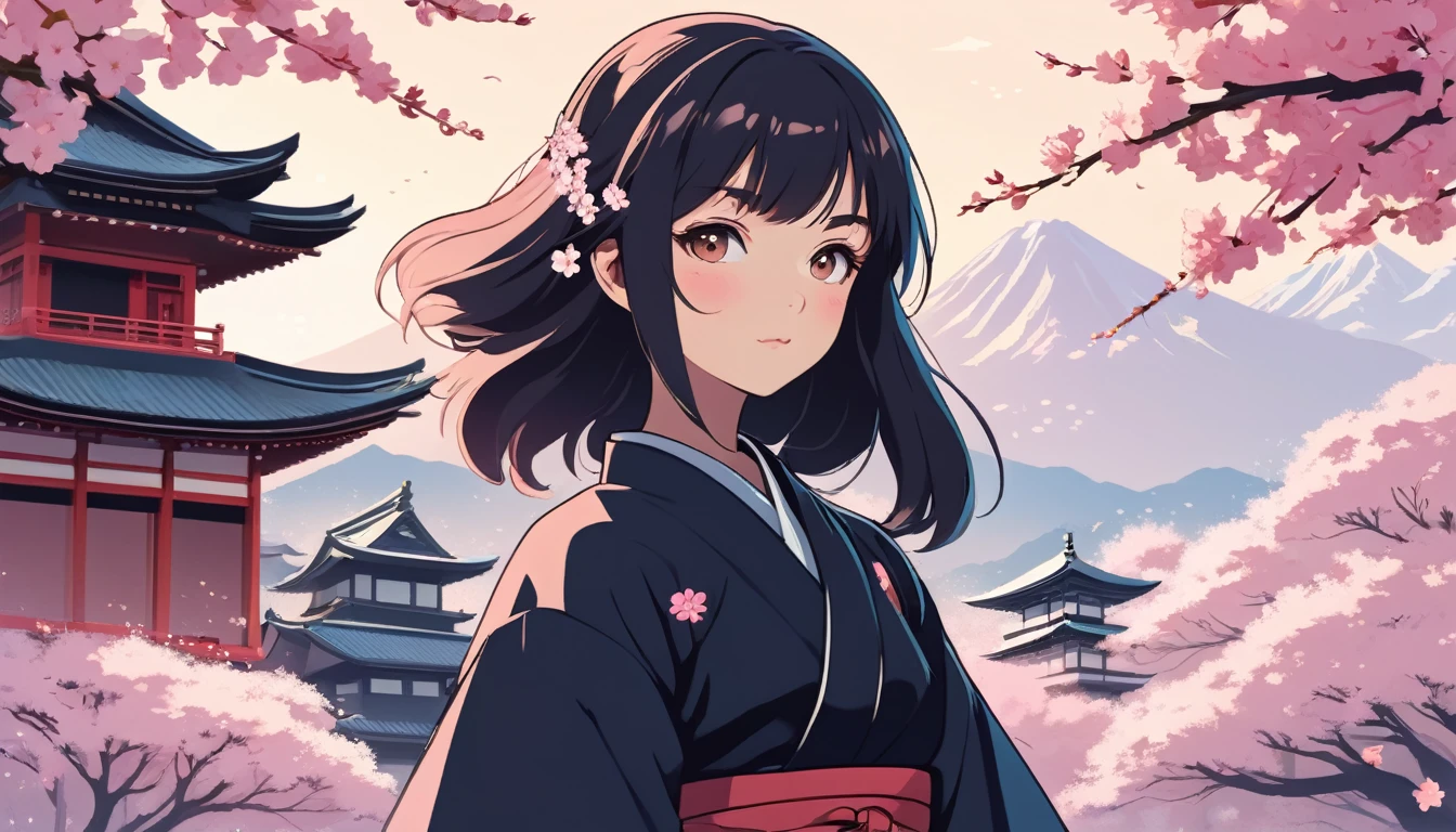 Female Ninja,Background is cherry blossoms and a Japanese temple、 Wide-angle lens, Lofi Anime, Lofi illustration, Aesthetic atmosphere, Lo-Fi Style, Vector art, Flat Design, Simple shape, Warm tones, Pleasant atmosphere, Chill, In anime style, Digital drawing, Vector art, Vector logo for t-shirt printing, (Adorable:1.5), (small:1.4), (Playful:1.2), (soft:1.3), (Whimsical:1.1), masterpiece, Highest quality, 8K, Intricate details, grow, Celestial, Mysterious, Picturesque, amazing, Majestic, Magic, Fantasy art, Cover art, dream-like