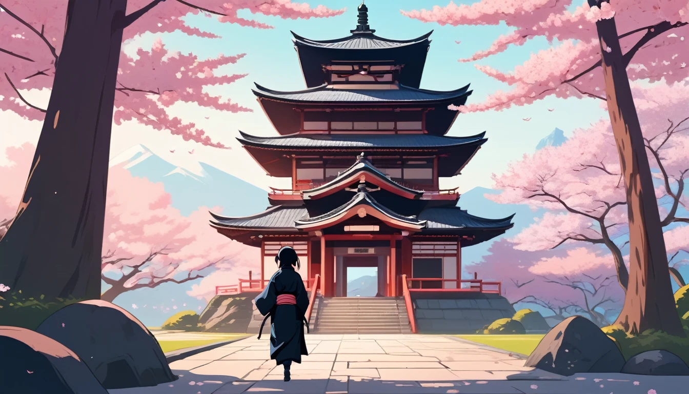 Female Ninja,Background is cherry blossoms and a Japanese temple、 Wide-angle lens, Lofi Anime, Lofi illustration, Aesthetic atmosphere, Lo-Fi Style, Vector art, Flat Design, Simple shape, Warm tones, Pleasant atmosphere, Chill, In anime style, Digital drawing, Vector art, Vector logo for t-shirt printing, (Adorable:1.5), (small:1.4), (Playful:1.2), (soft:1.3), (Whimsical:1.1), masterpiece, Highest quality, 8K, Intricate details, grow, Celestial, Mysterious, Picturesque, amazing, Majestic, Magic, Fantasy art, Cover art, dream-like