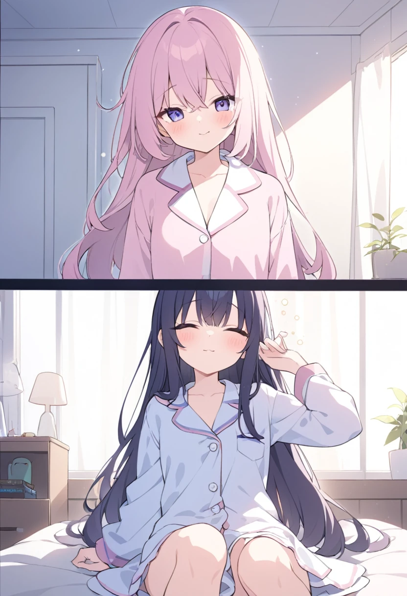 high school student、女子high school student、View here、Inside the room、pajamas、Pajamas、before sleep、Sit on the bed、Waking up、Cute face、dark、