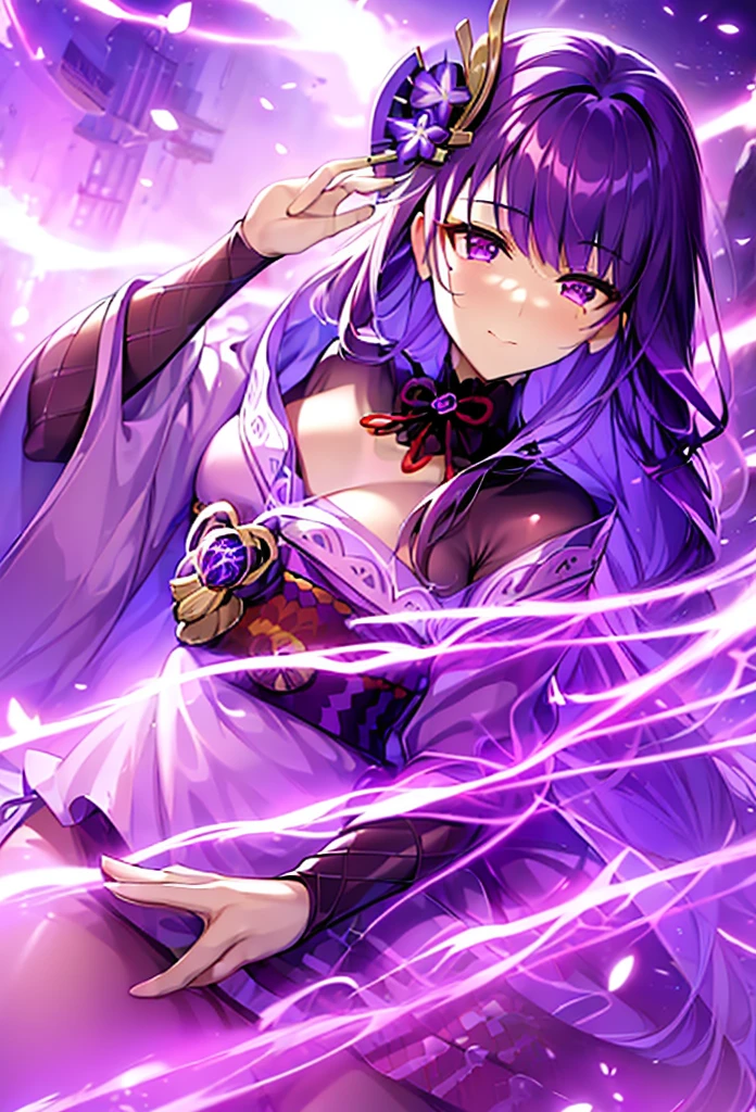 masterpiece, high-quality, 8k resolution, solo, 1 woman, dark violet hair, beauty mark, body suit under kimono, kanzashi, lavender kimono, tomoe decorations, obi, purple eyes, Genshin Impact Raiden Shogun, Ei,