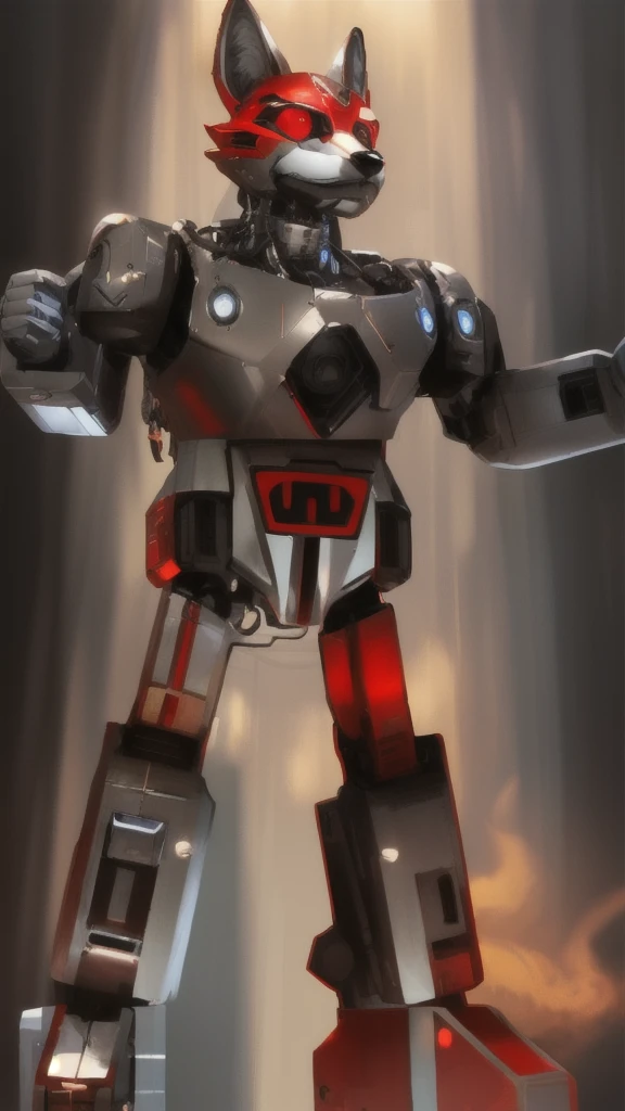 "A Disney-Pixar inspired giant robot with a retro, chrome finish, red accents, and design elements reminiscent of a fox deity. The robot has a gentle and kind face, while its body is strong and powerful. The scene captures the entire body of the robot, highlighting its metallic texture and fox-like features."