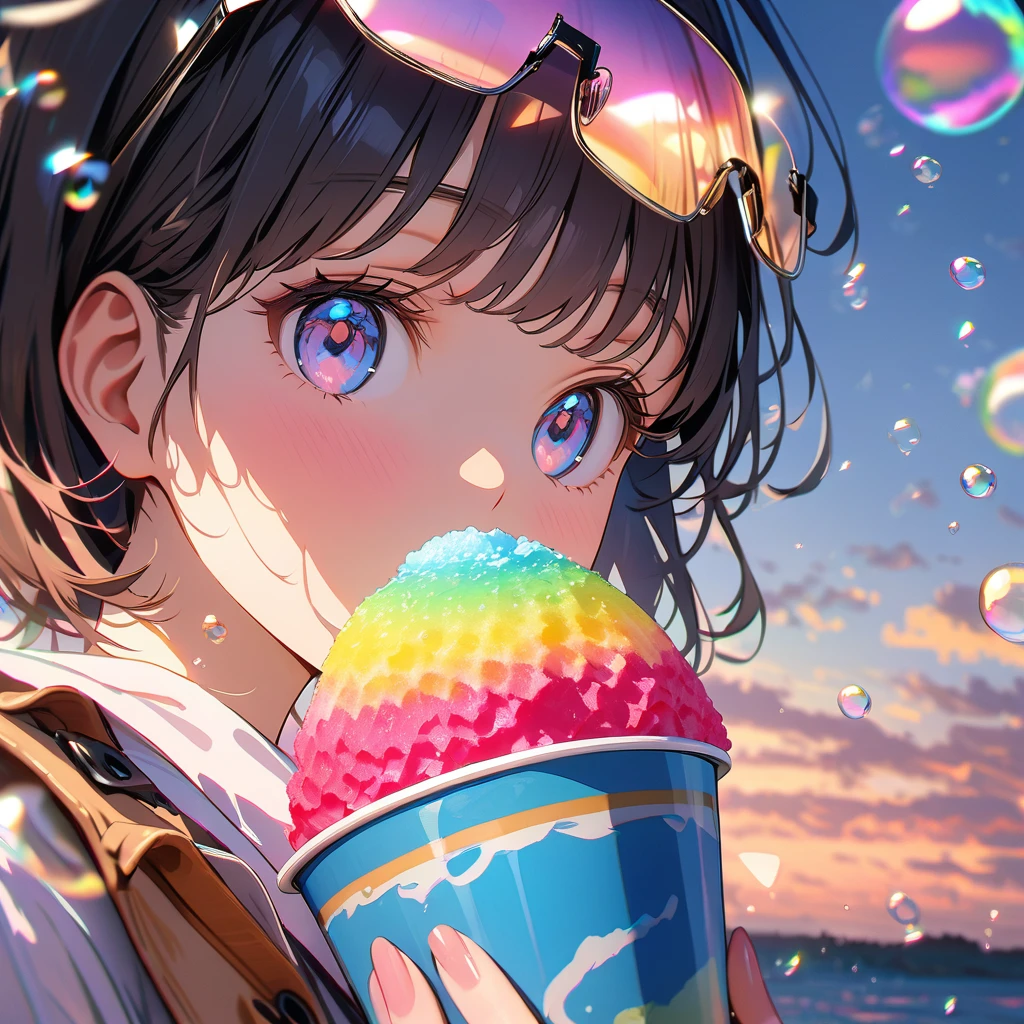 Vision、Girls in swimsuits, girls in swimsuits eating shaved ice on a giant shaved ice,(Lots of beautiful bubbles:1.4), break ,background\(Golden Hour,Very beautiful sea\), break ,quality\(8K,非常に精細なCGユニットのwallpaper, masterpiece,High resolution,top-quality,top-quality real texture skin,Surreal,Increase the resolution,RAW Photos,最高quality,Very detailed,wallpaper,Cinema Lighting,Ray-tracing,Golden Ratio\),Dynamic Angle,Bubbles close-up