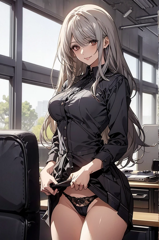 (Highest quality, High resolution, Very detailed), 1 female, Silver Hair, Long Hair, Reddish brown eyes, office staff suit skirt, lace thong, Large Breasts, secretary, 24th generation, Beautiful woman, mature, thin, quiet, Calm, Large Breasts, A small smile, office,