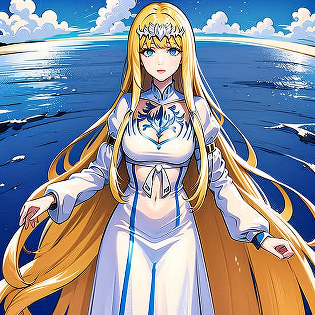 1girl,solo, calca, blonde hair, ,( extremely long hair:1.2), very long hair, extra long hair, white tiara, white dress, blue eyes,Calca Bessarez, medium breast,Calca,