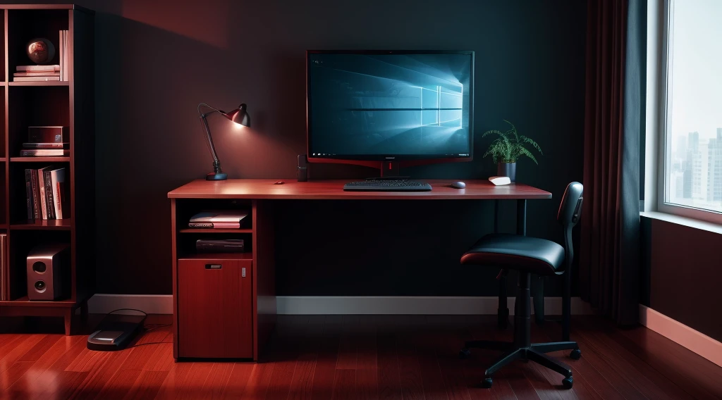 Computer desk, Microphone, Computer, Smooth floor sculpture Floor-to-ceiling windows Light bed Camera chair Game interface Crimson Dark environment Ambilight